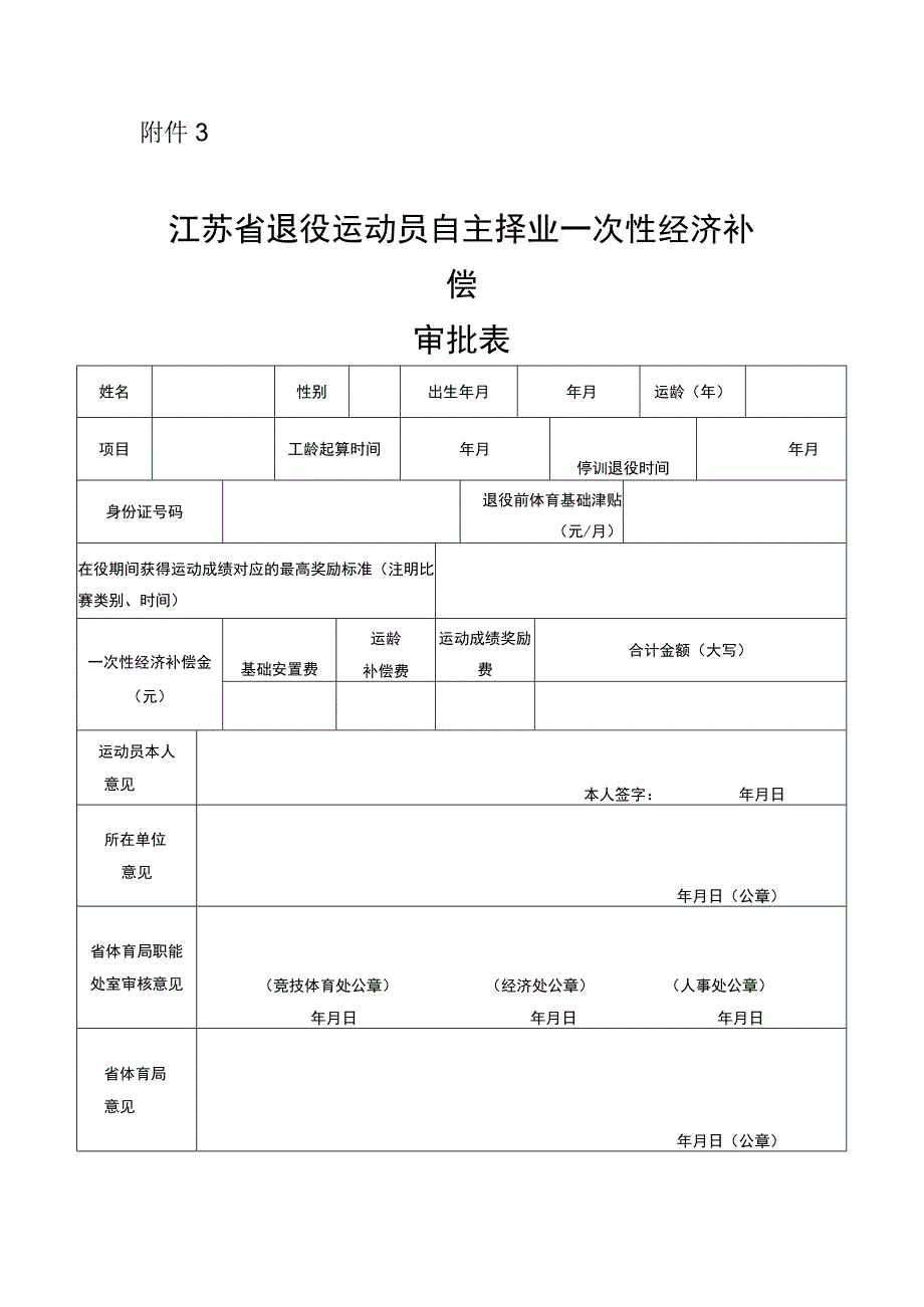 江苏省退役运动员自主择业一次性经济补偿审批表.docx_第1页