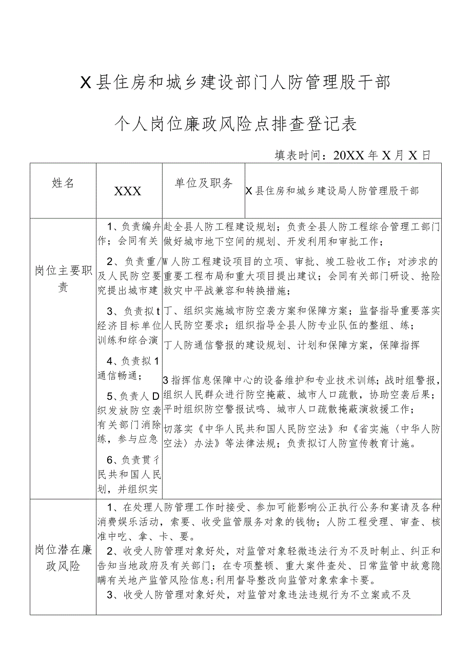 X县住房和城乡建设部门人防管理股干部个人岗位廉政风险点排查登记表.docx_第1页