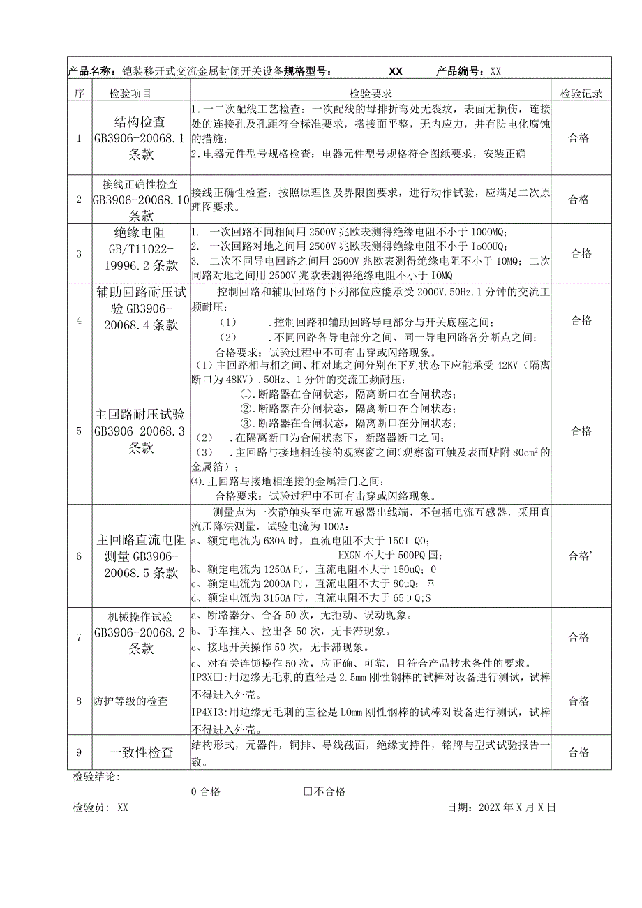 XX电器有限公司高压开关柜确认检验记录（2023年）.docx_第2页