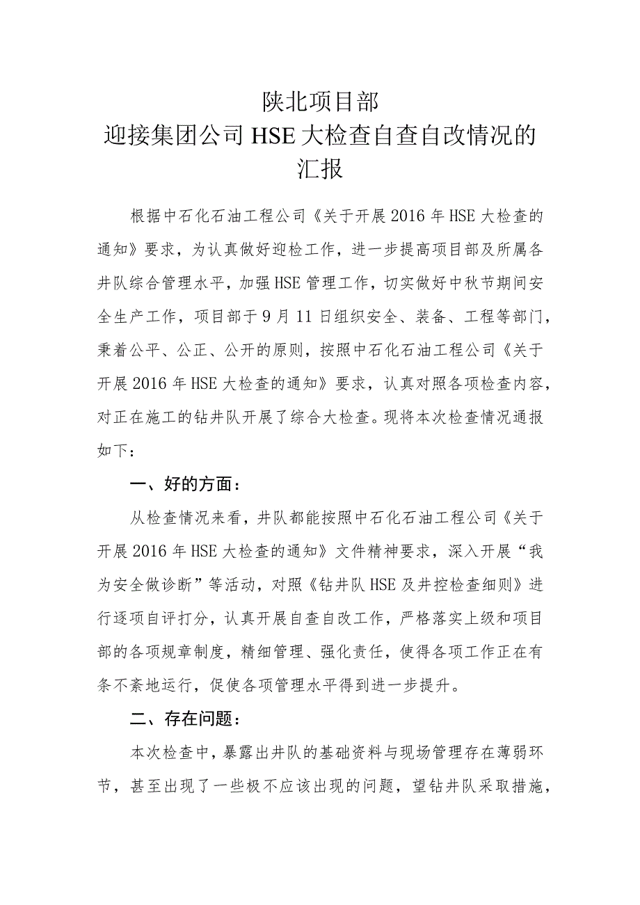 陕北项目自查自改情况总结.docx_第1页