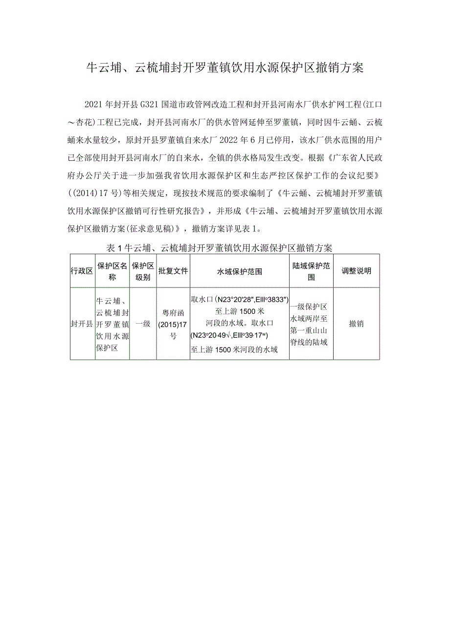 牛云埇、云梳埇封开罗董镇饮用水源保护区撤销方案.docx_第1页