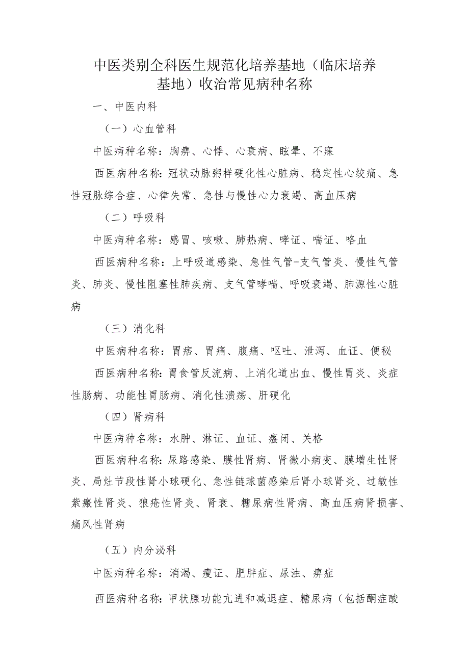 中医类别全科医生规范化培…养基地）收治常见病种名称.docx_第1页