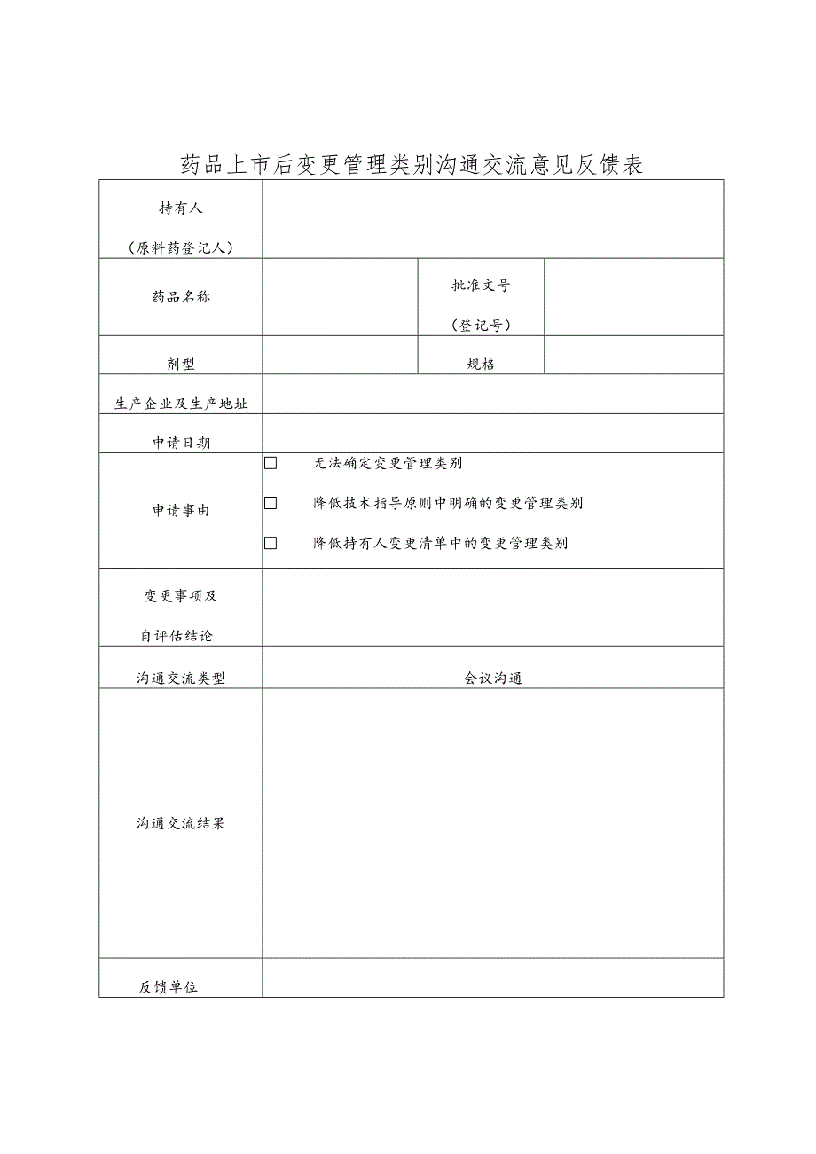 药品上市后变更管理类别沟通交流意见反馈表.docx_第1页