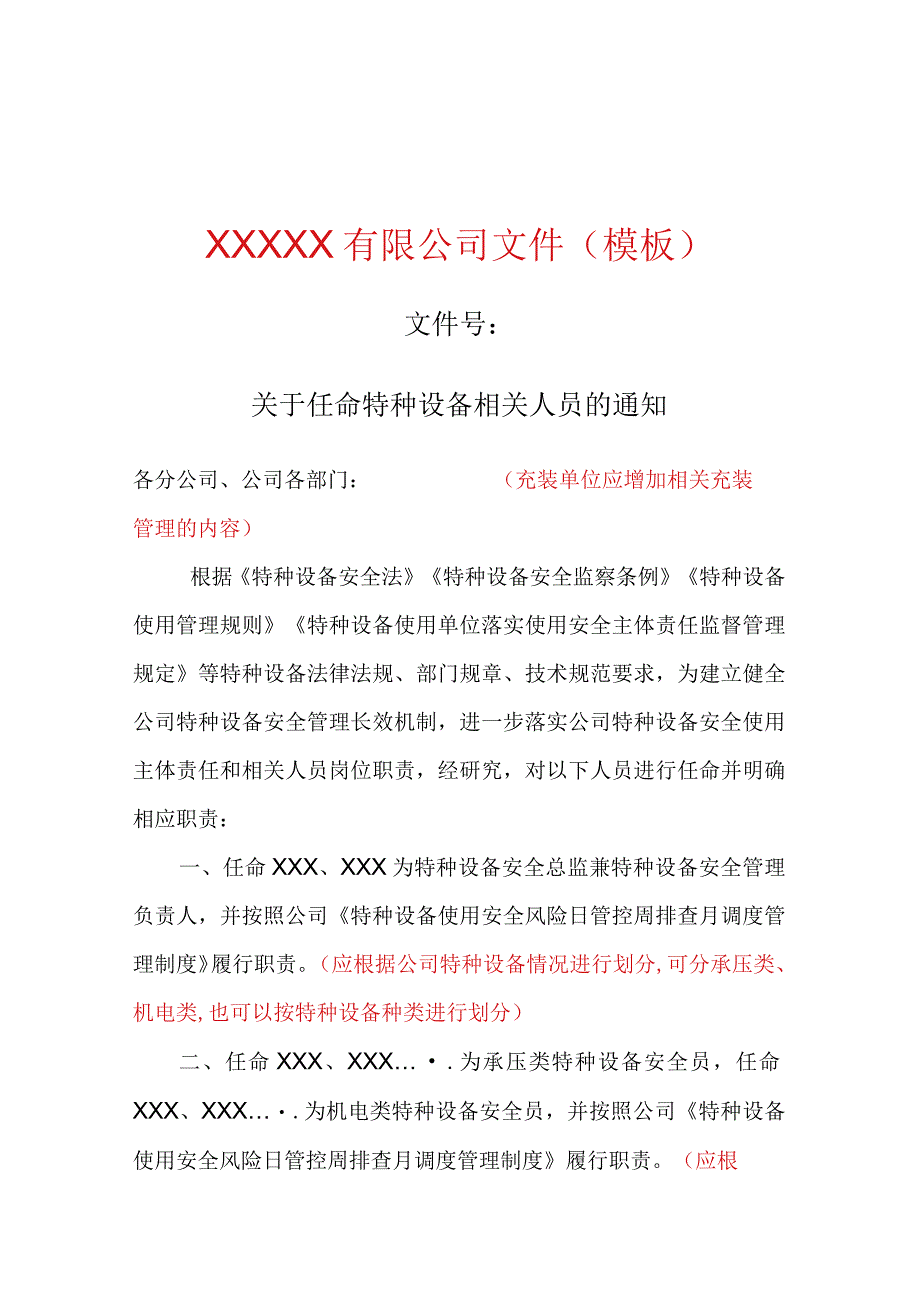 关于任命特种设备相关人员的通知（模板）.docx_第1页