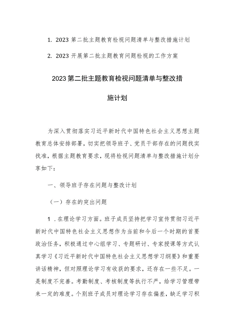 两篇：2023第二批主题教育检视问题清单与整改措施计划及方案范文.docx_第1页