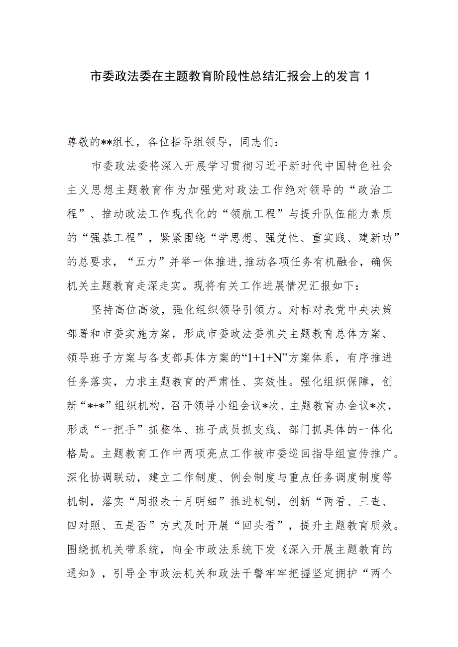 2023年市委政法委在第二批主题教育阶段性总结汇报会上的发言讲话.docx_第2页