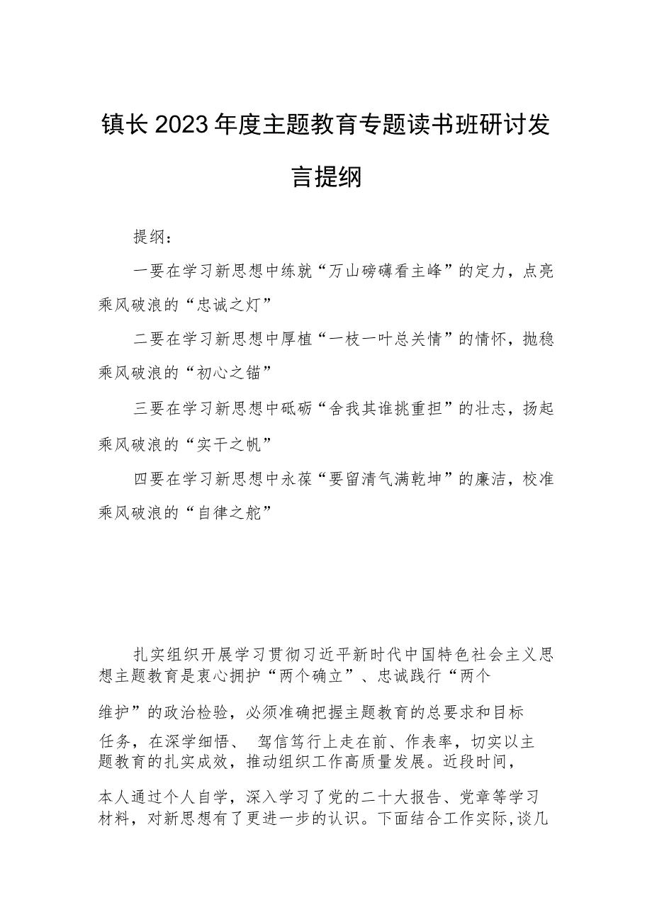 镇长2023年度主题教育专题读书班研讨发言提纲.docx_第1页