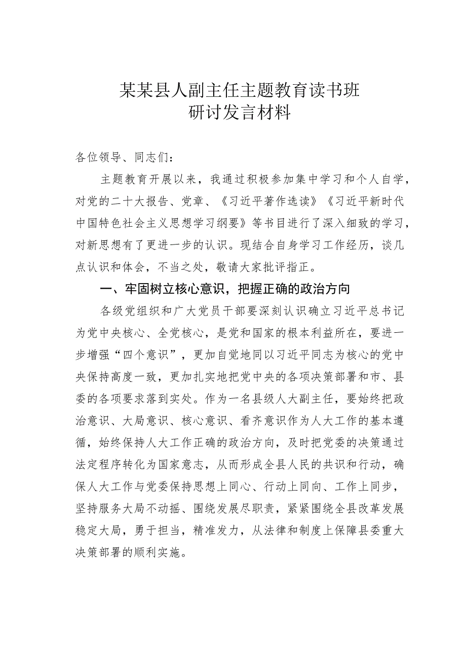 某某县人副主任主题教育读书班研讨发言材料.docx_第1页