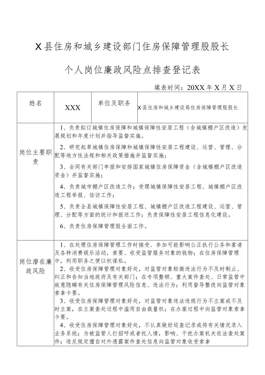 X县住房和城乡建设部门住房保障管理股股长个人岗位廉政风险点排查登记表.docx_第1页