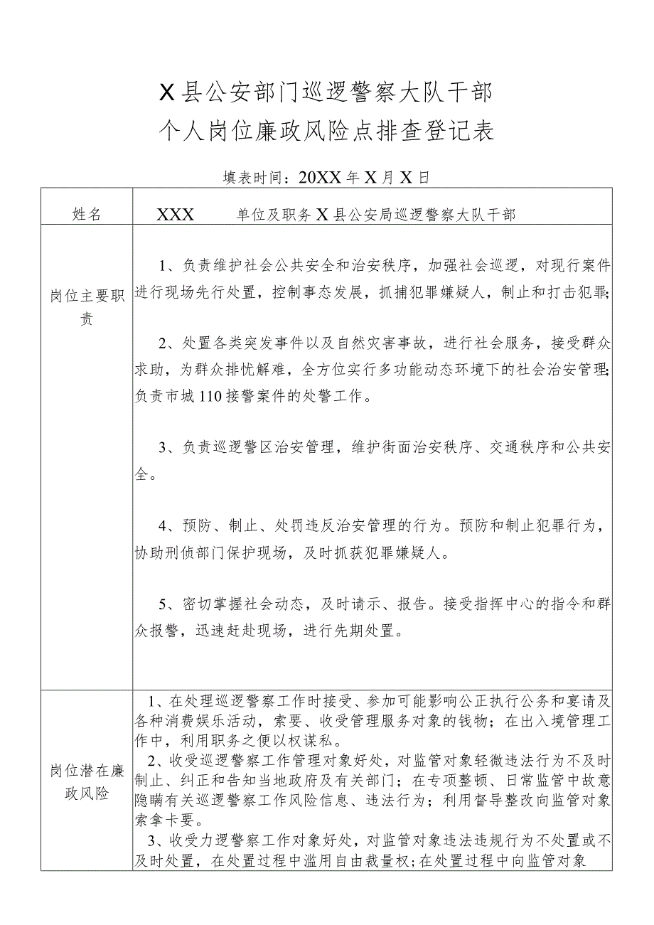 X县公安部门巡逻警察大队干部个人岗位廉政风险点排查登记表.docx_第1页