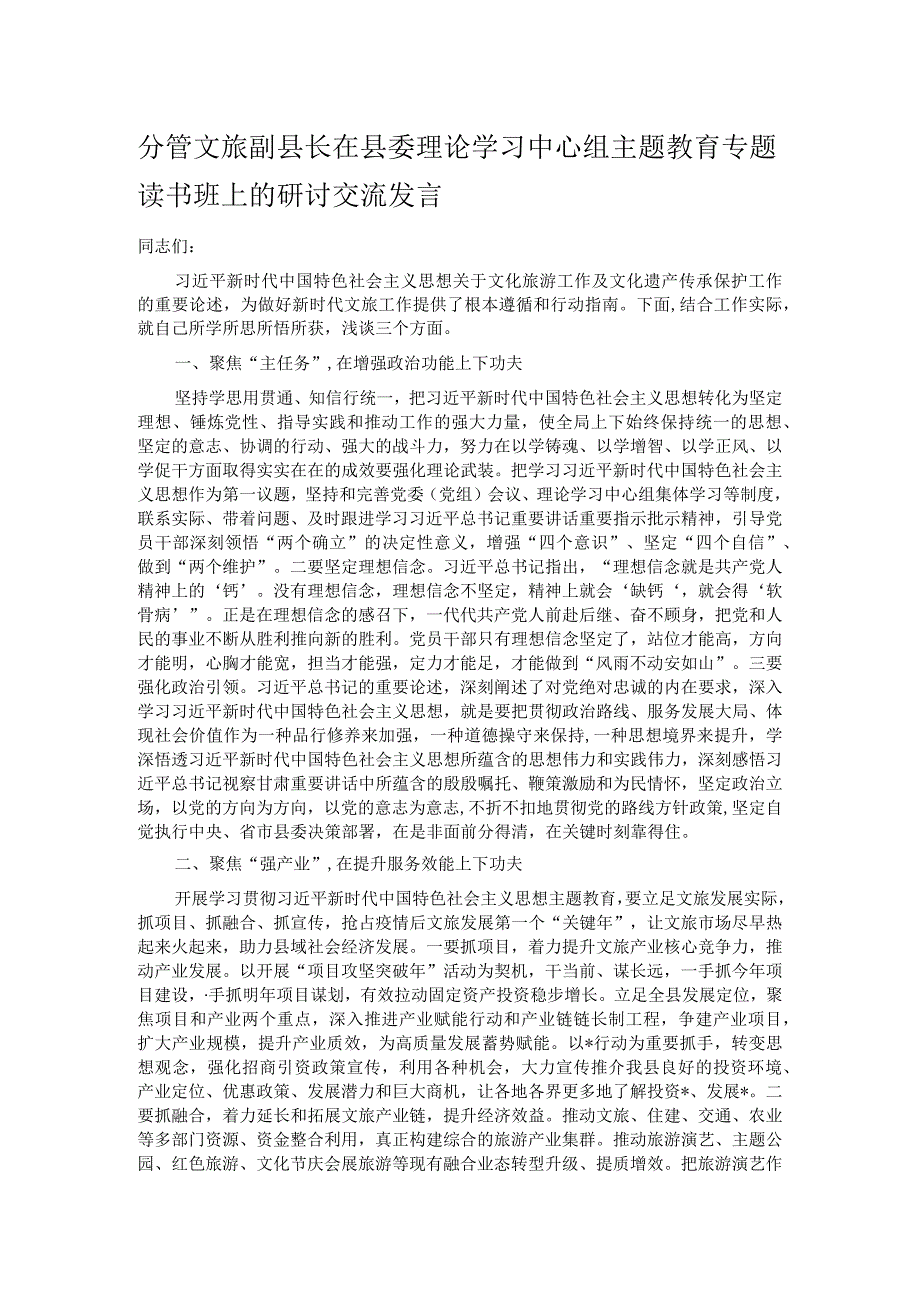 分管文旅副县长在县委理论学习中心组主题教育专题读书班上的研讨交流发言 .docx_第1页