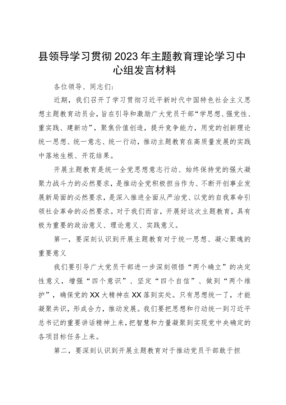 县领导干部2023年主题教育理论学习中心组发言材料.docx_第1页