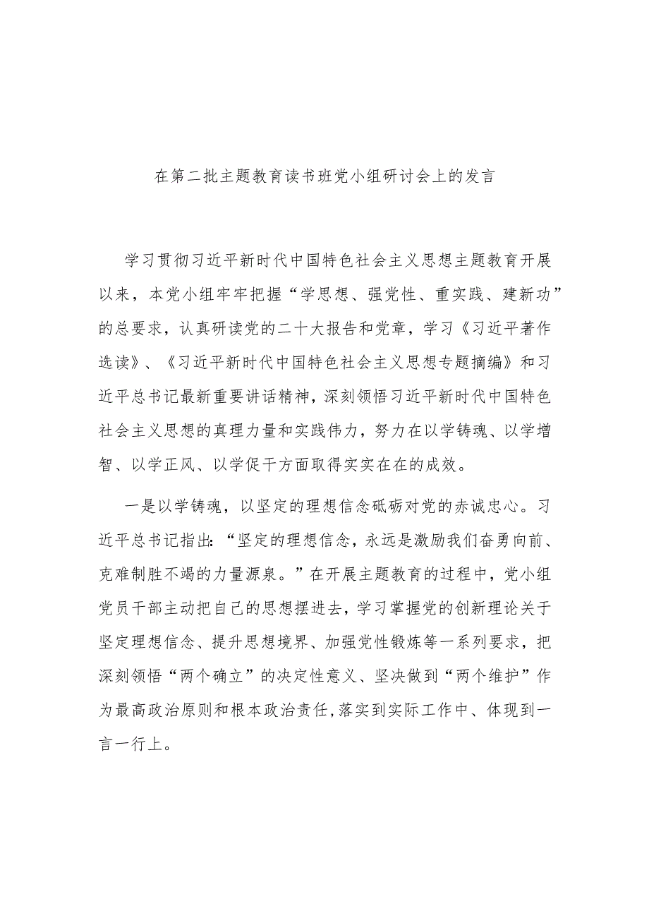 在第二批主题教育读书班党小组研讨会上的发言(二篇).docx_第1页