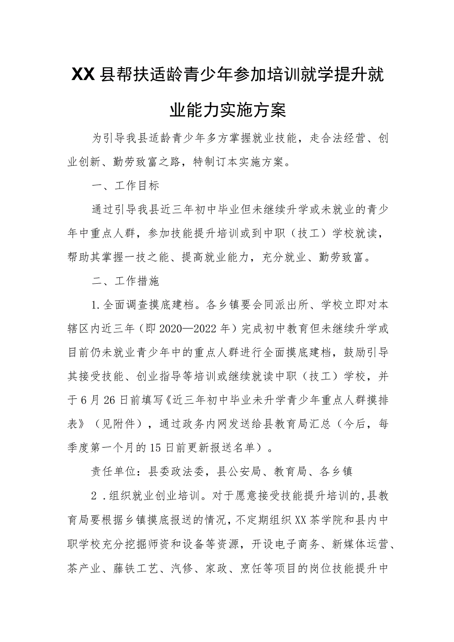 XX县帮扶适龄青少年参加培训就学提升就业能力实施方案.docx_第1页