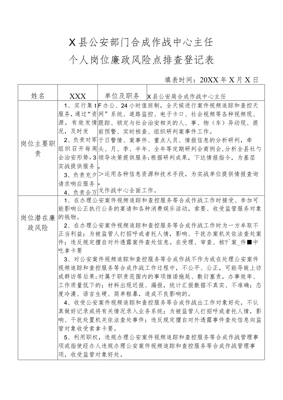 X县公安部门合成作战中心主任个人岗位廉政风险点排查登记表.docx_第1页