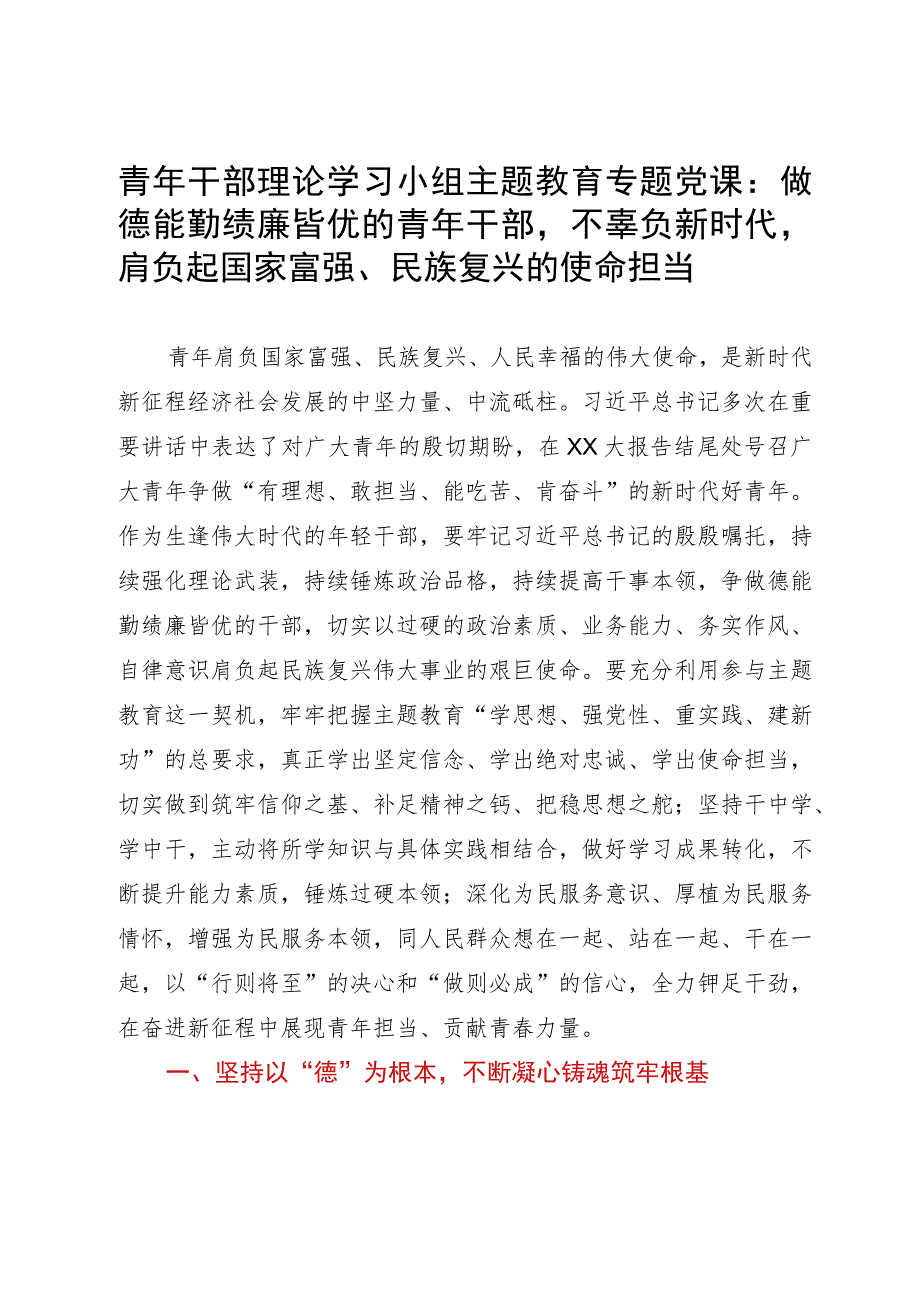 青年干部理论学习小组主题教育专题党课：做德能勤绩廉皆优的青年干部不辜负新时代肩负起国家富强、民族复兴的使命担当.docx_第1页