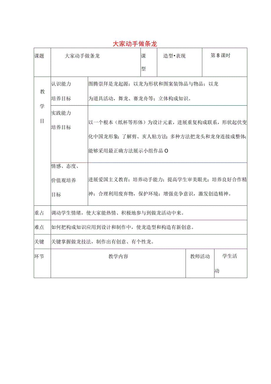 七年级美术上册3大家动手做条龙教案人美版.docx_第1页