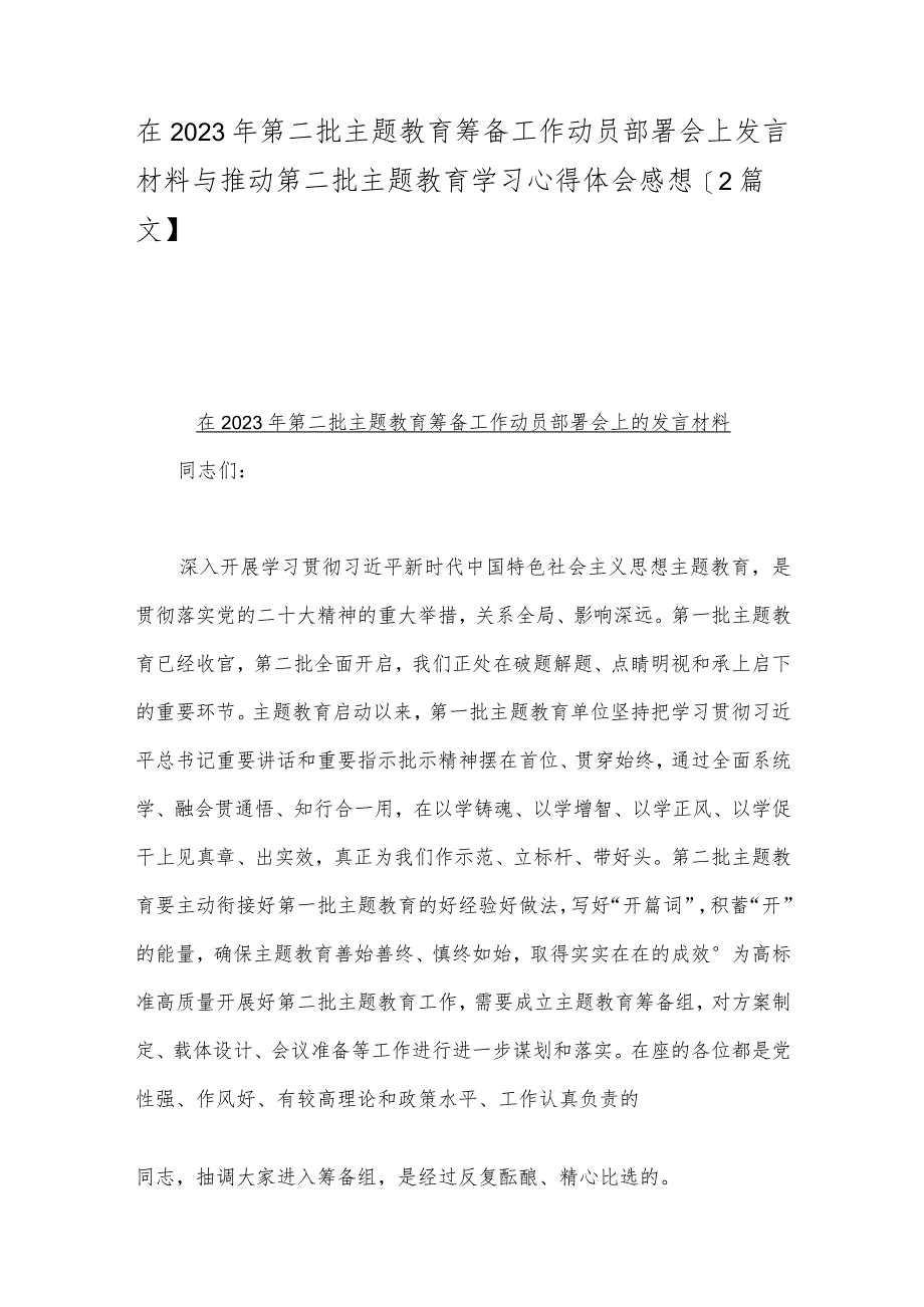 在2023年第二批主题教育筹备工作动员部署会上发言材料与推动第二批主题教育学习心得体会感想【2篇文】.docx_第1页