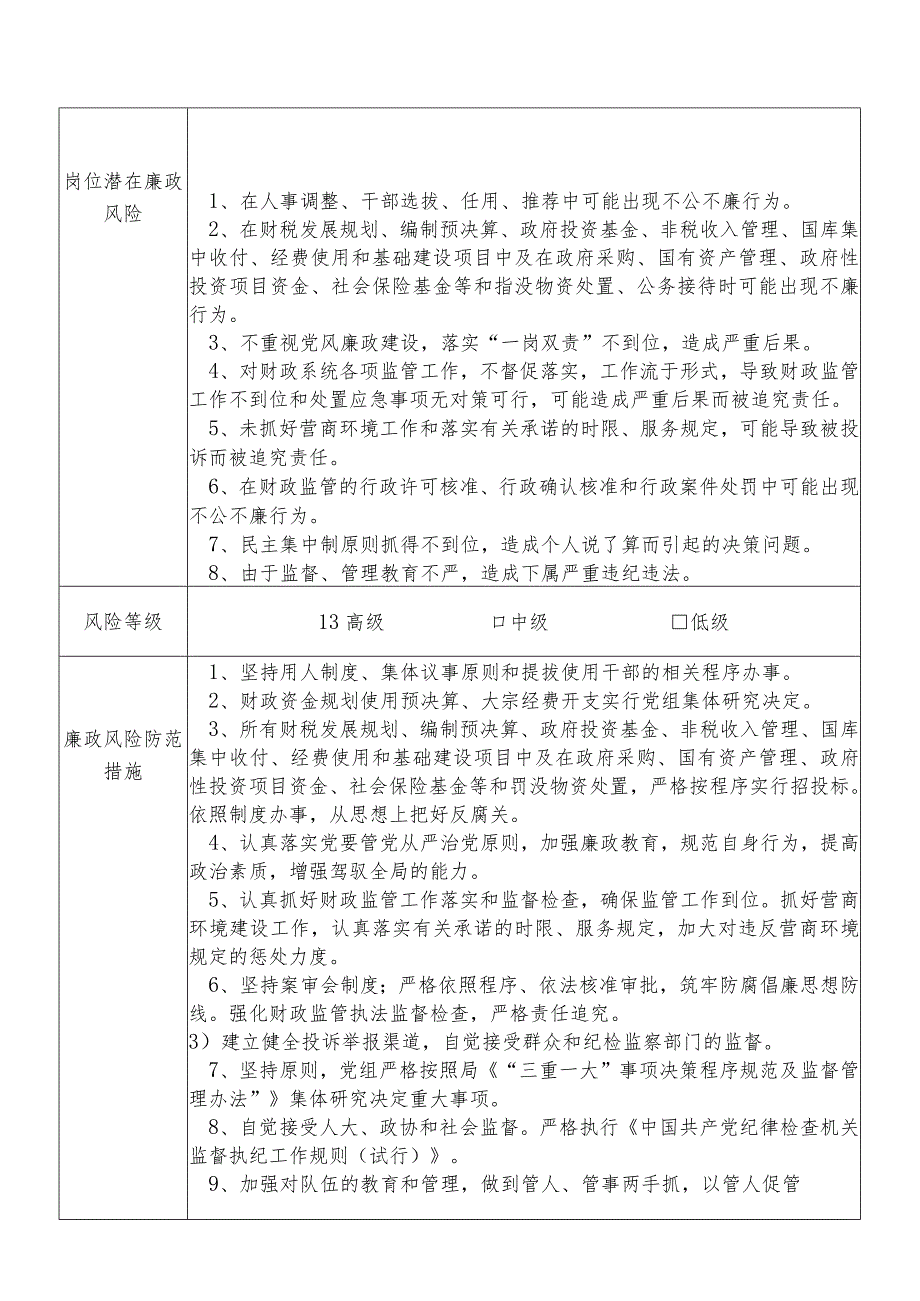 某县财政部门党组书记局长个人岗位廉政风险点排查登记表.docx_第2页