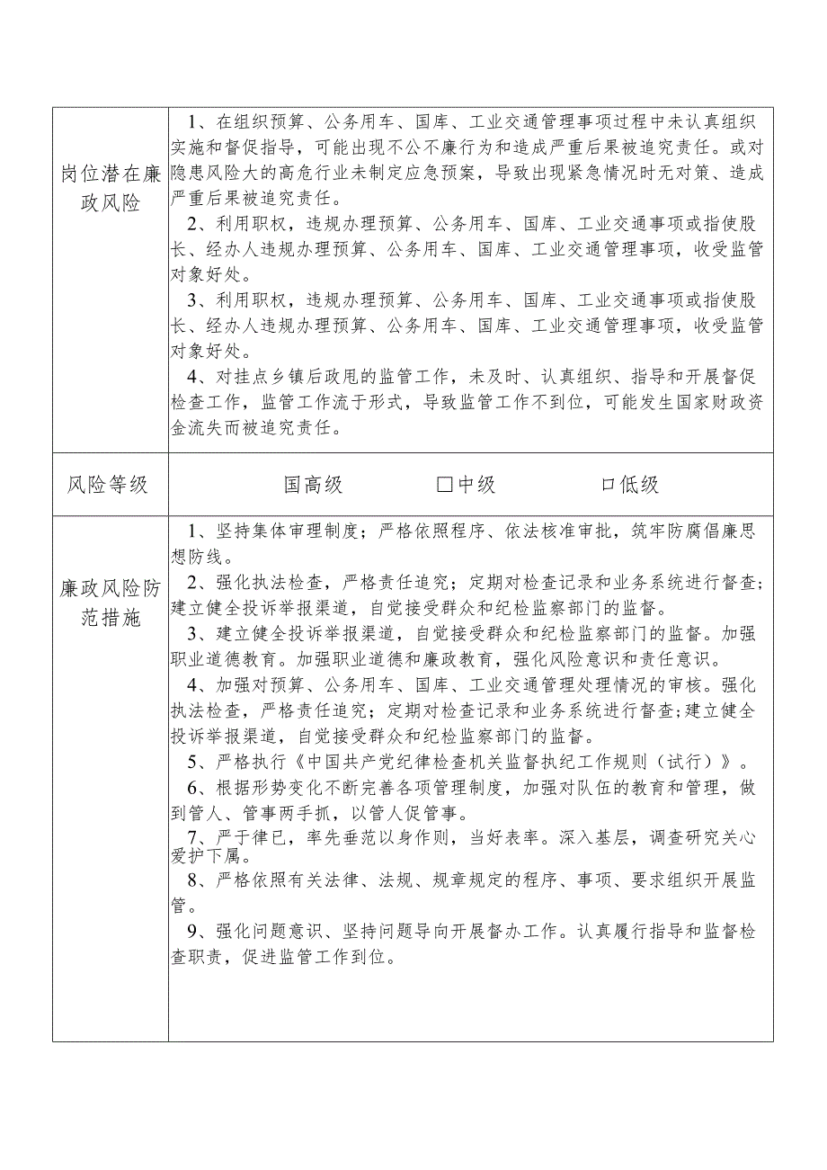 某县财政部门分管预算公务用车管理国库工业交通管理等副职个人岗位廉政风险点排查登记表.docx_第2页