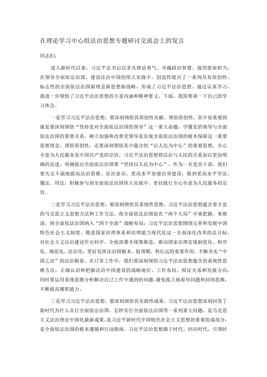 在理论学习中心组法治思想专题研讨交流会上的发言.docx_第1页