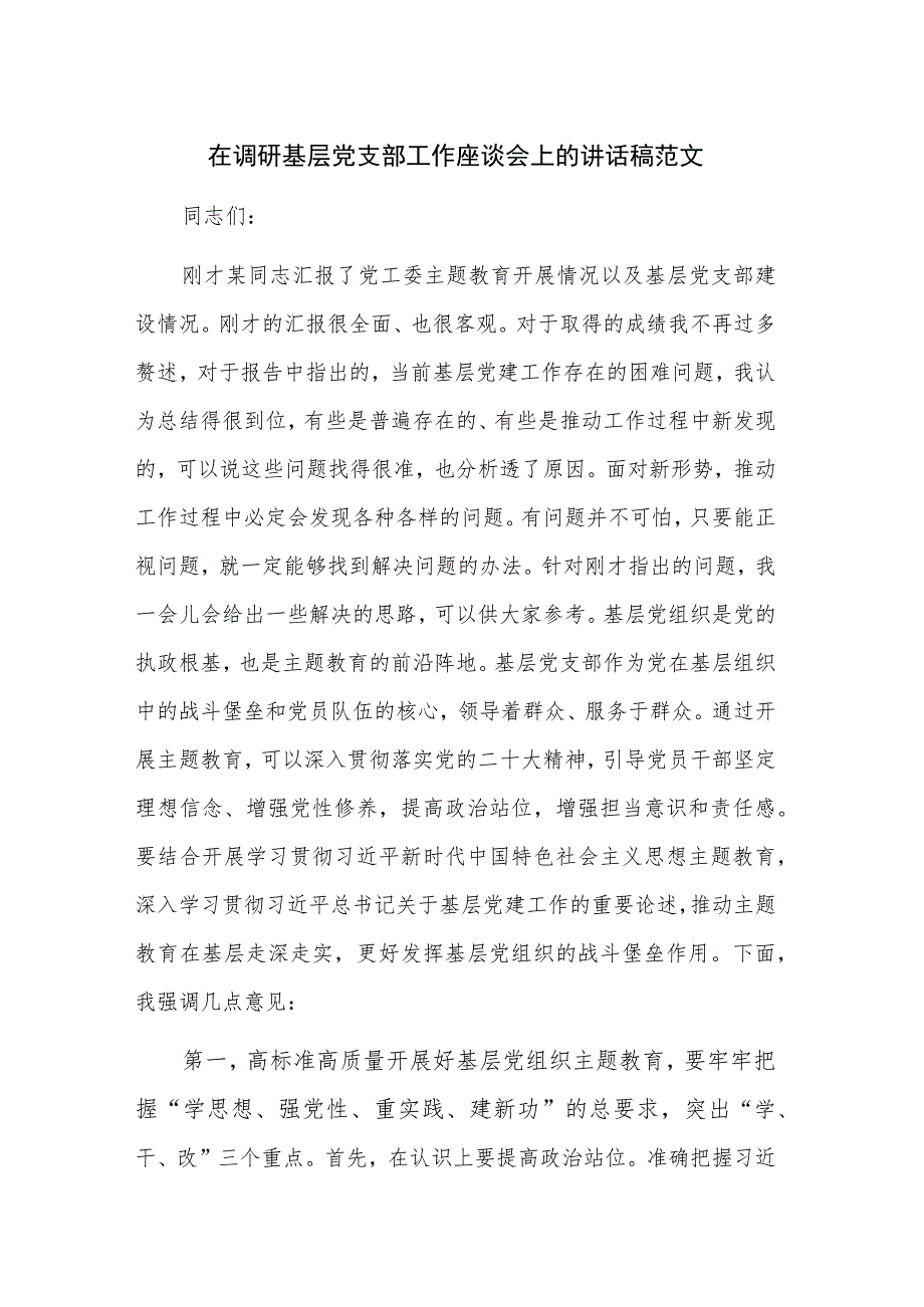 在调研基层党支部工作座谈会上的讲话稿范文.docx_第1页