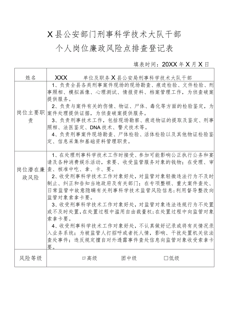 X县公安部门刑事科学技术大队干部个人岗位廉政风险点排查登记表.docx_第1页