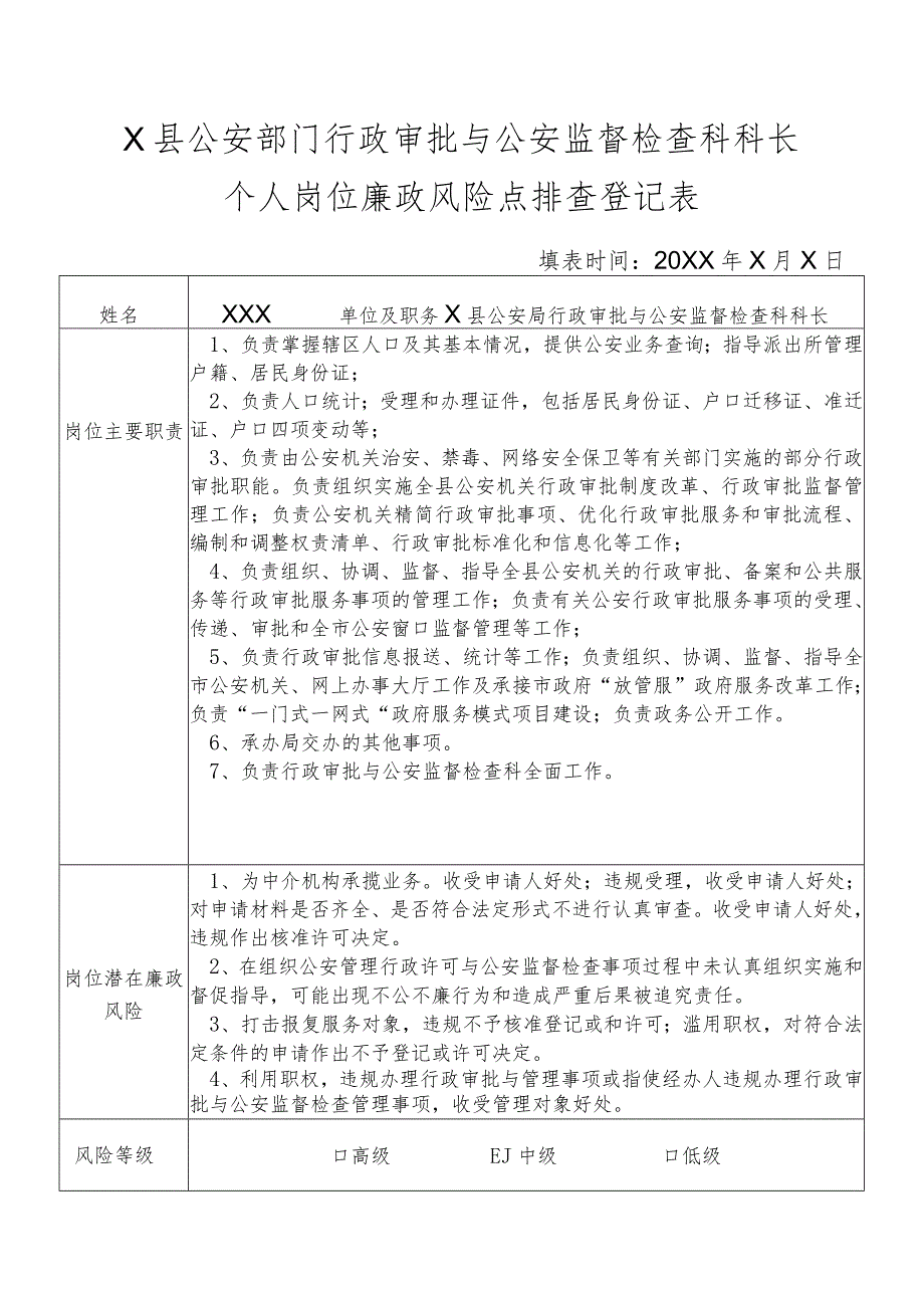 X县公安部门行政审批与公安监督检查科科长个人岗位廉政风险点排查登记表.docx_第1页