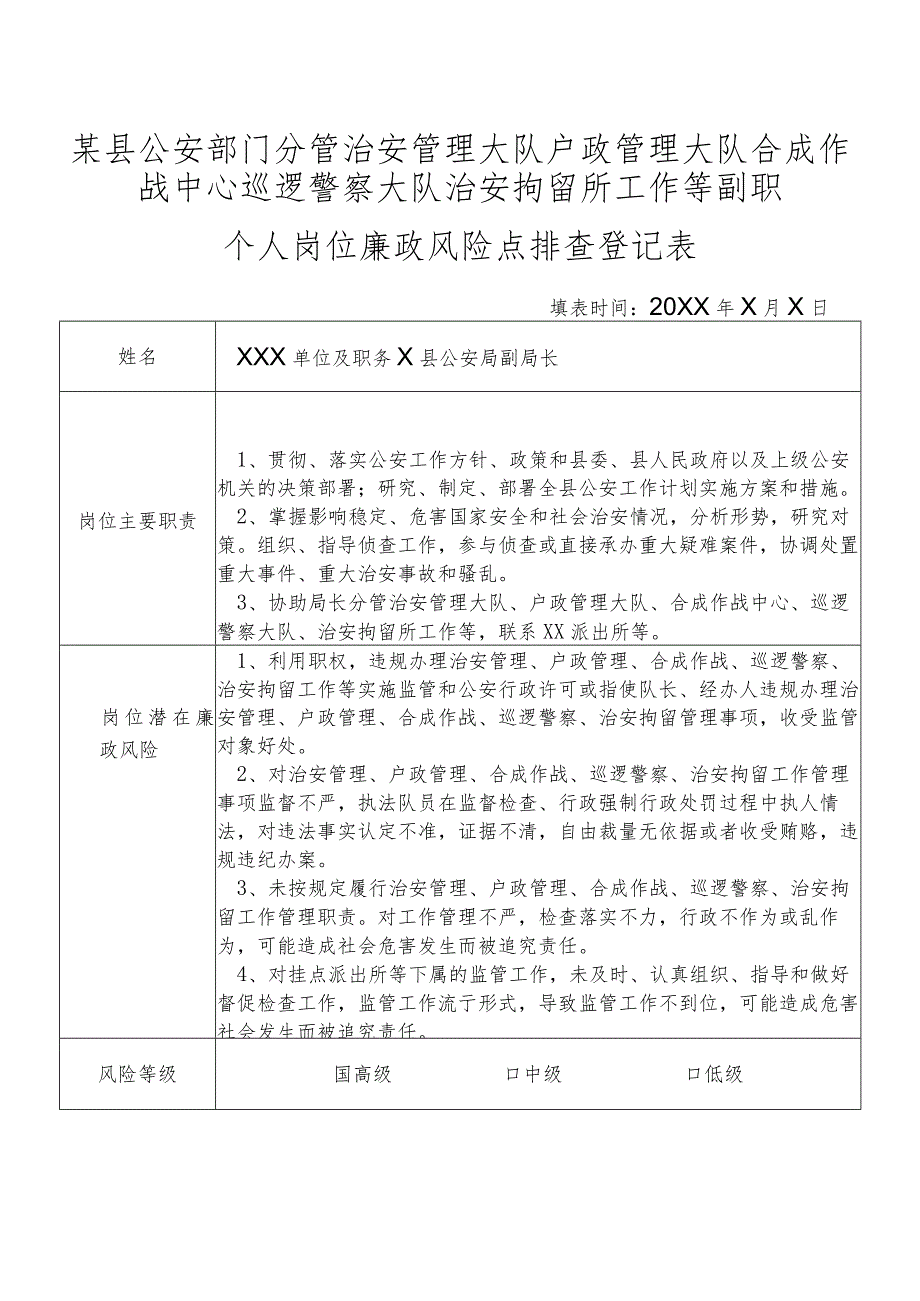 某县公安部门分管治安管理大队户政管理大队合成作战中心巡逻警察大队治安拘留所工作等副职个人岗位廉政风险点排查登记表.docx_第1页