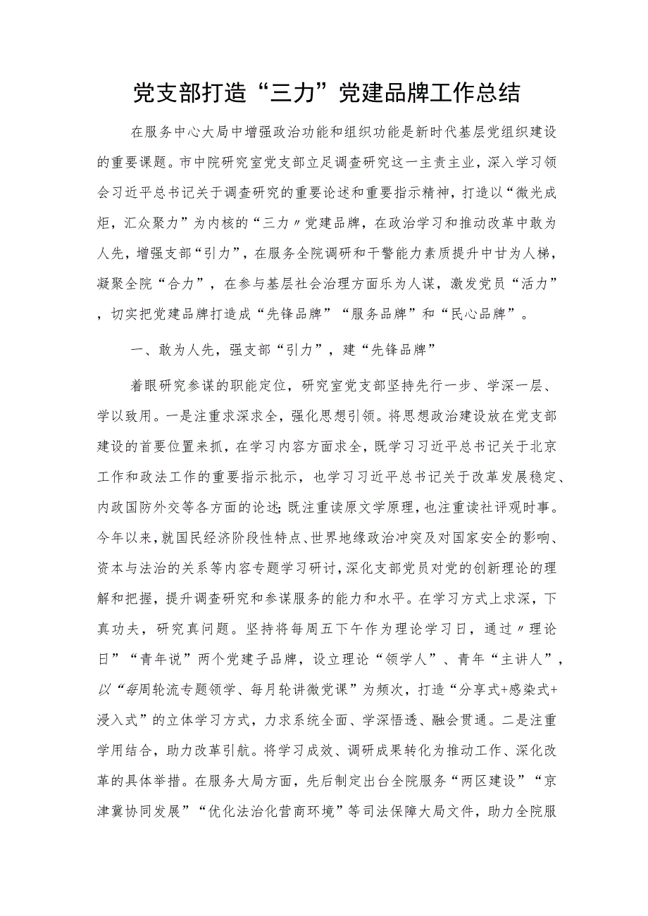 党支部打造“三力”党建品牌工作总结2300字.docx_第1页