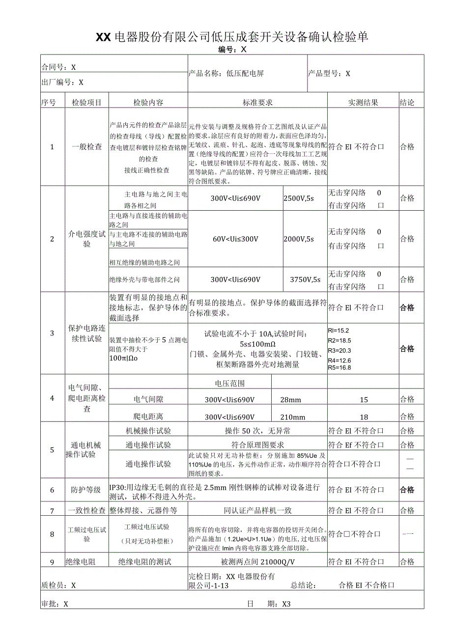 XX电器股份有限公司低压成套开关设备确认检验单（2023年）.docx_第1页