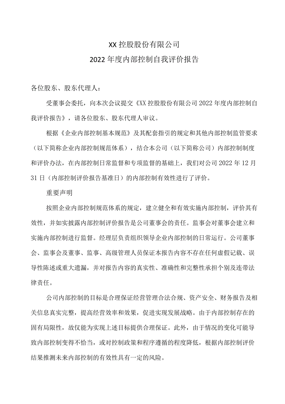 XX控股股份有限公司2022年度内部控制自我评价报告.docx_第1页