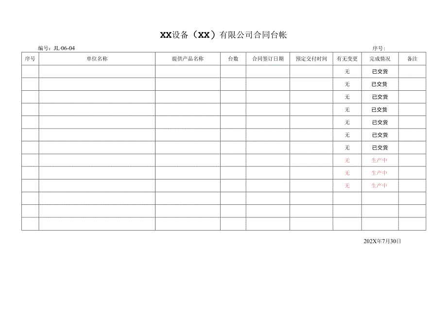 XX设备（XX）有限公司合同台帐(2023年).docx_第1页