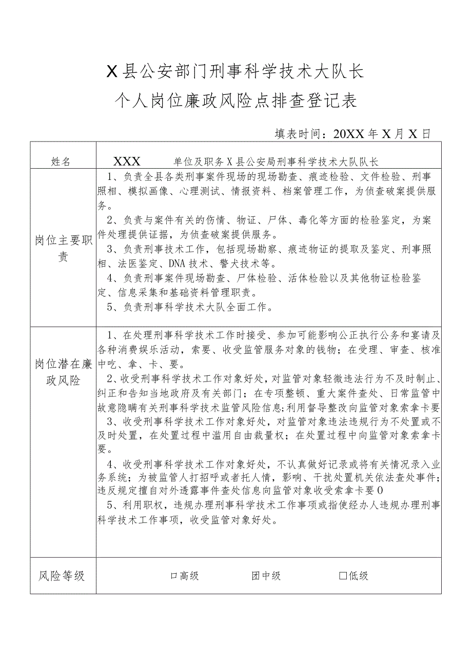 X县公安部门刑事科学技术大队队长个人岗位廉政风险点排查登记表.docx_第1页