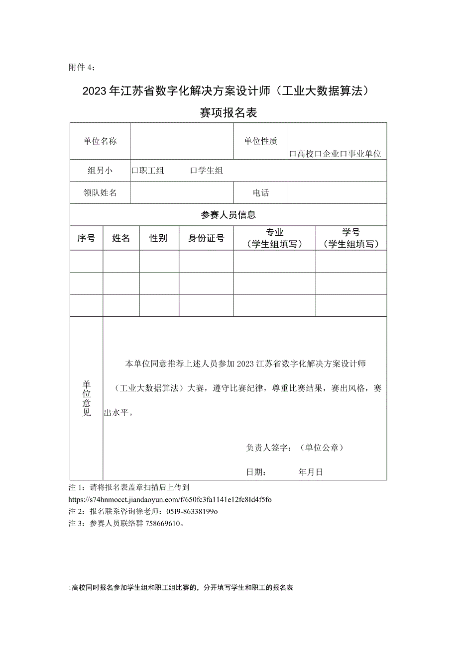 2023年江苏省数字化解决方案设计师（工业大数据算法）赛项报名表.docx_第1页