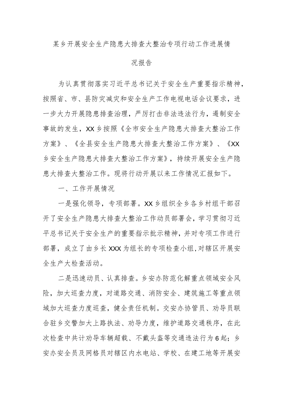 某乡开展安全生产隐患大排查大整治专项行动工作进展情况报告.docx_第1页