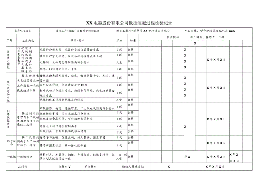 XX电器股份有限公司低压装配过程检验记录(2023年).docx_第1页