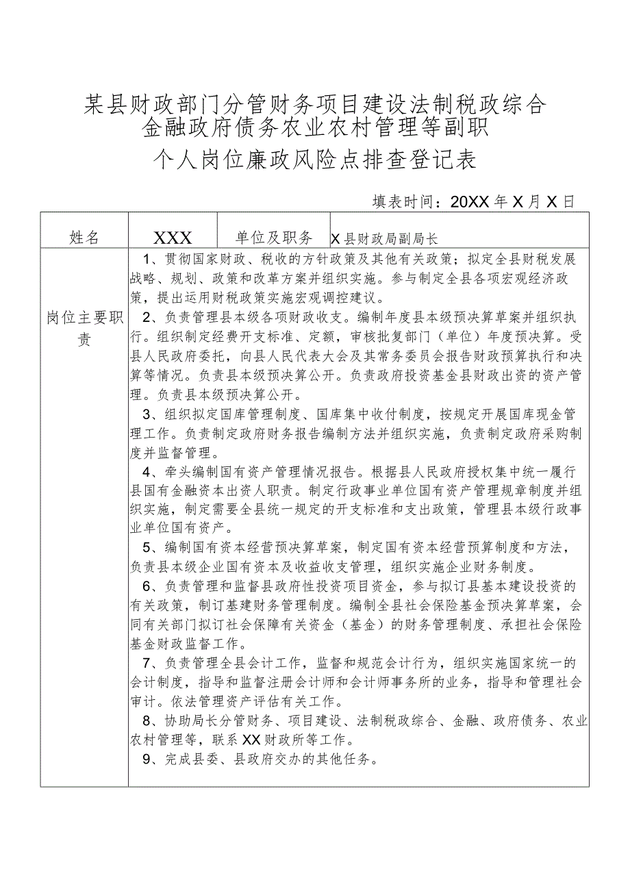 某县财政部门分管财务项目建设法制税政综合金融政府债务农业农村管理等副职个人岗位廉政风险点排查登记表.docx_第1页