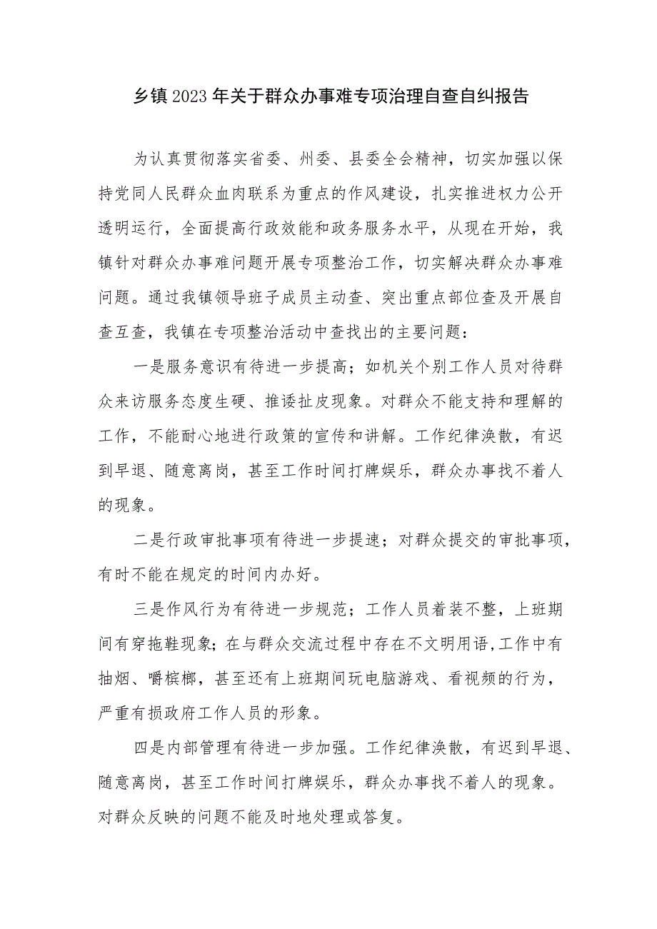 乡镇2023年关于群众办事难专项治理自查自纠报告和某局群众办事难问题专项整治工作自查报告.docx_第2页