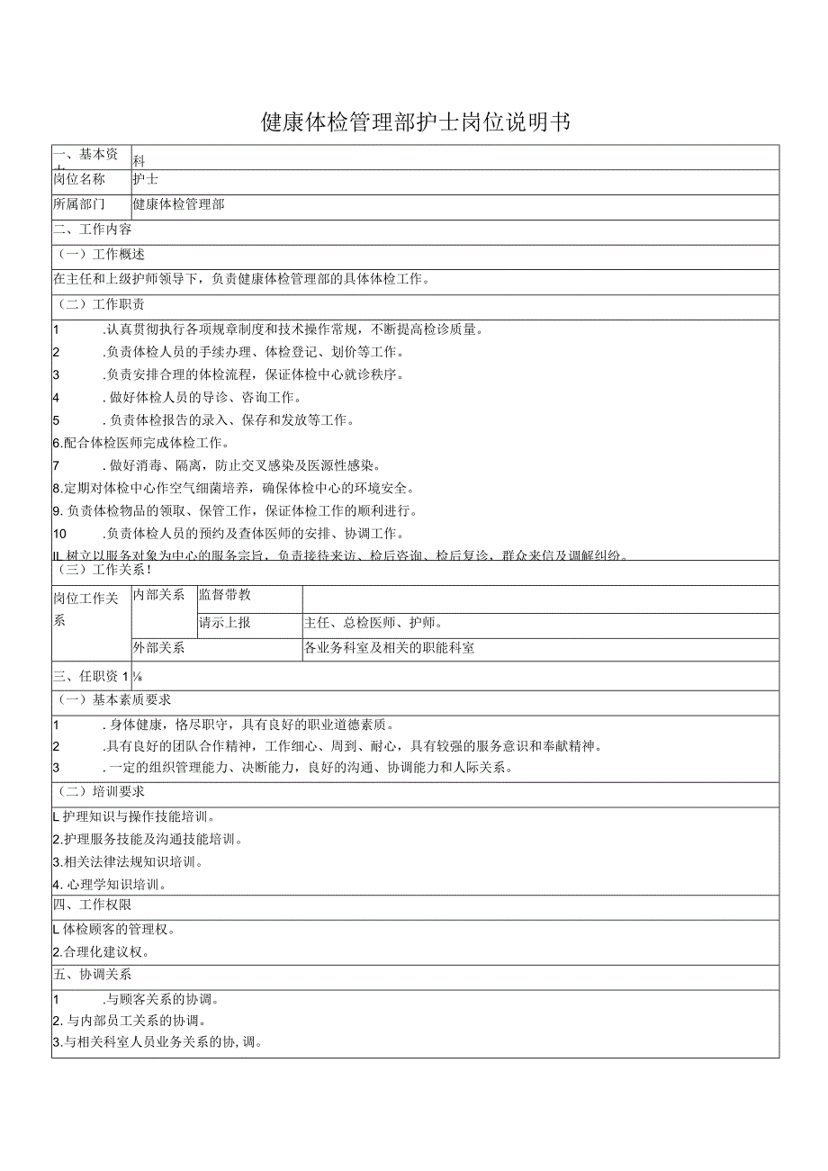 健康体检管理部护士岗位说明书.docx_第1页