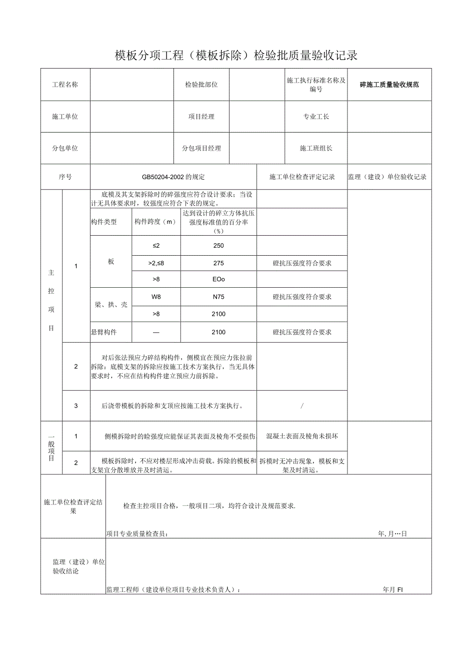 板分项工程（模板拆除）检验批质量验收记录.docx_第1页