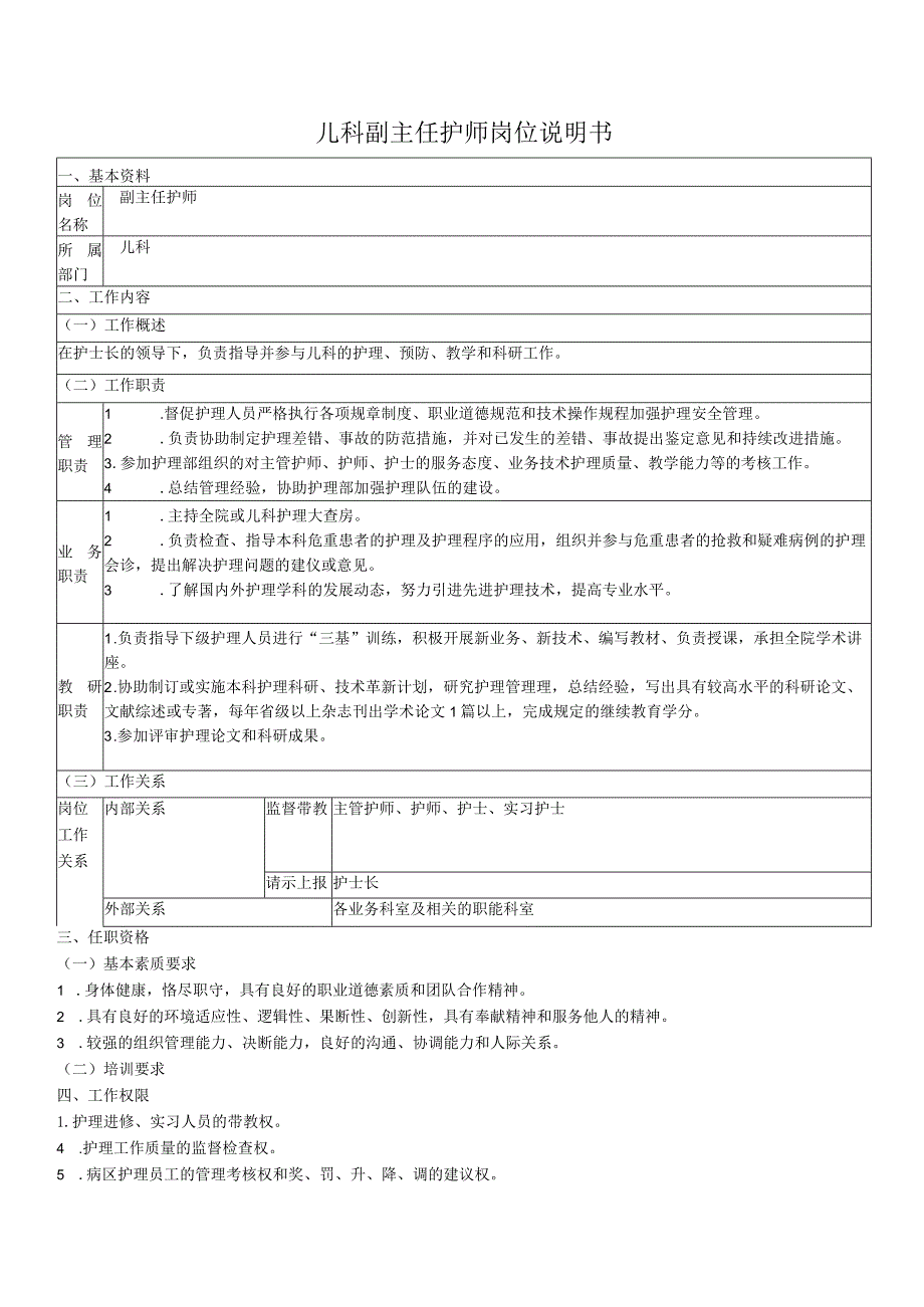 儿科副主任护师岗位说明书.docx_第1页