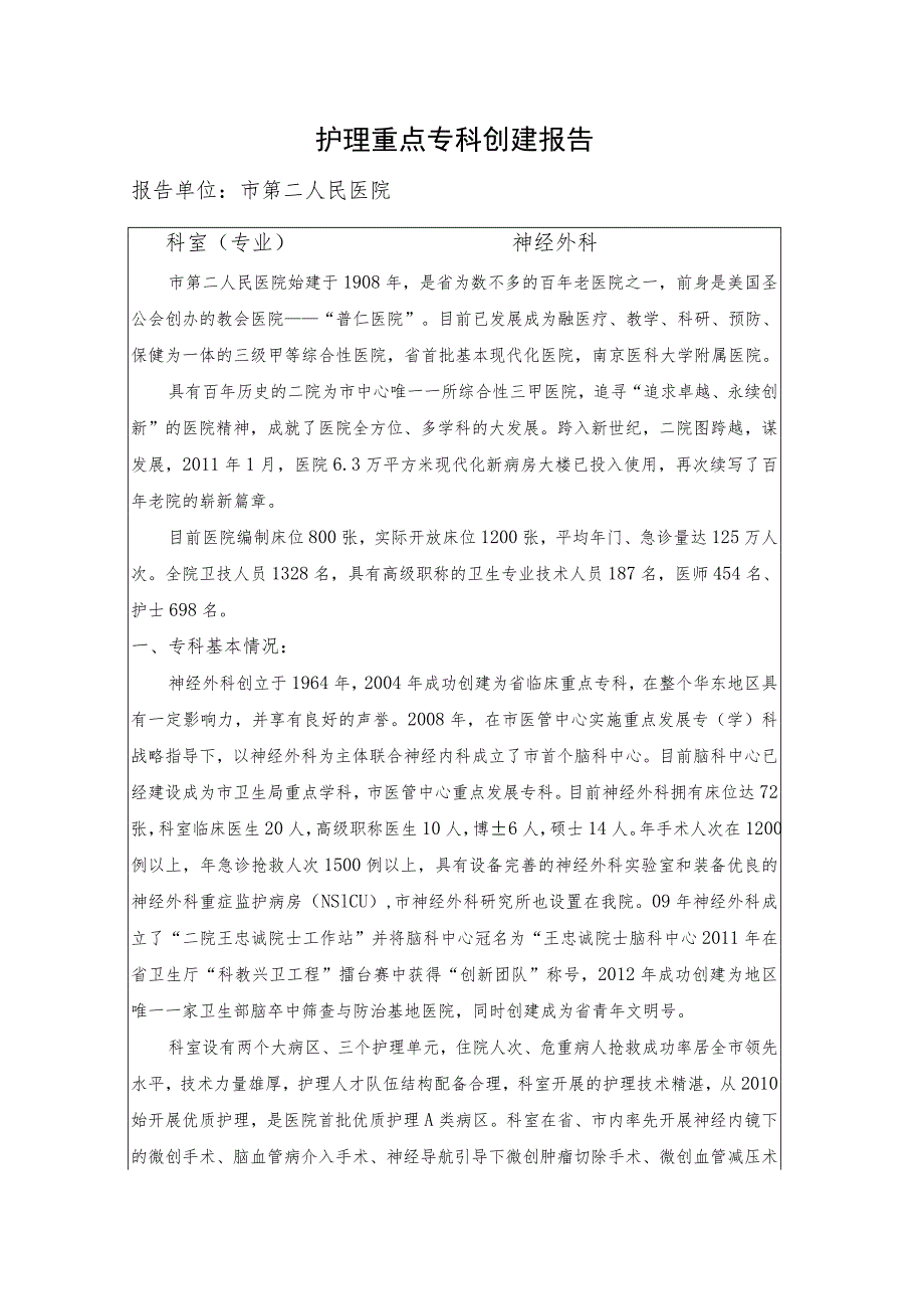 神经外科护理重点专科创建报告.docx_第1页