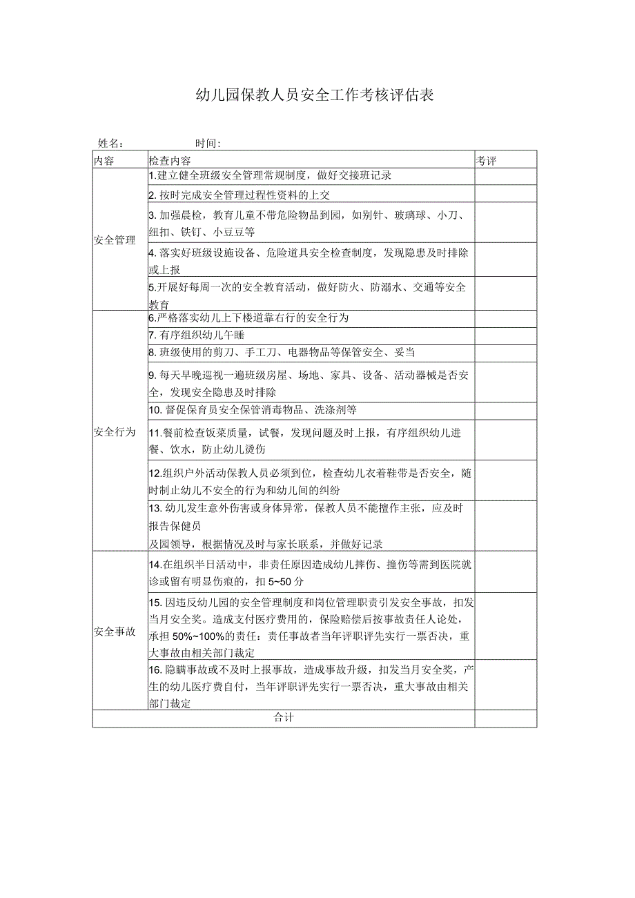 幼儿园保教人员安全工作考核评估表.docx_第1页