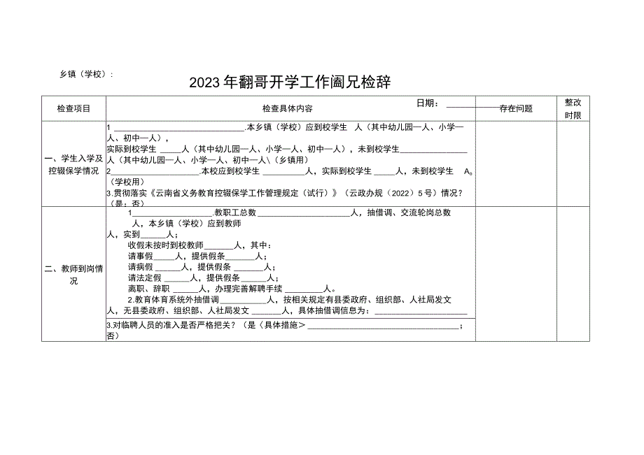 2023年XX县秋季学期开学工作情况检查表（模板）.docx_第1页