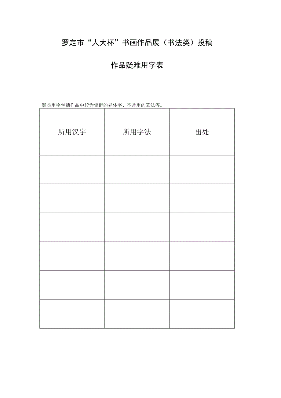 罗定市“人大杯”书画作品展书法类投稿作品疑难用字表.docx_第1页