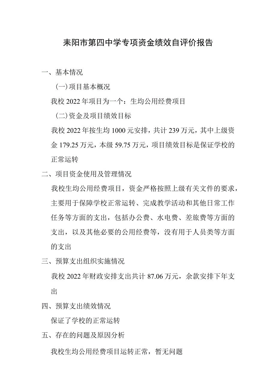 耒阳市第四中学专项资金绩效自评价报告.docx_第1页