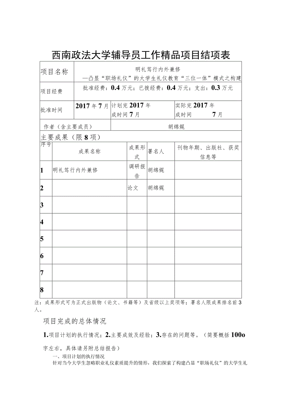 西南政法大学辅导员工作精品项目结项表.docx_第1页