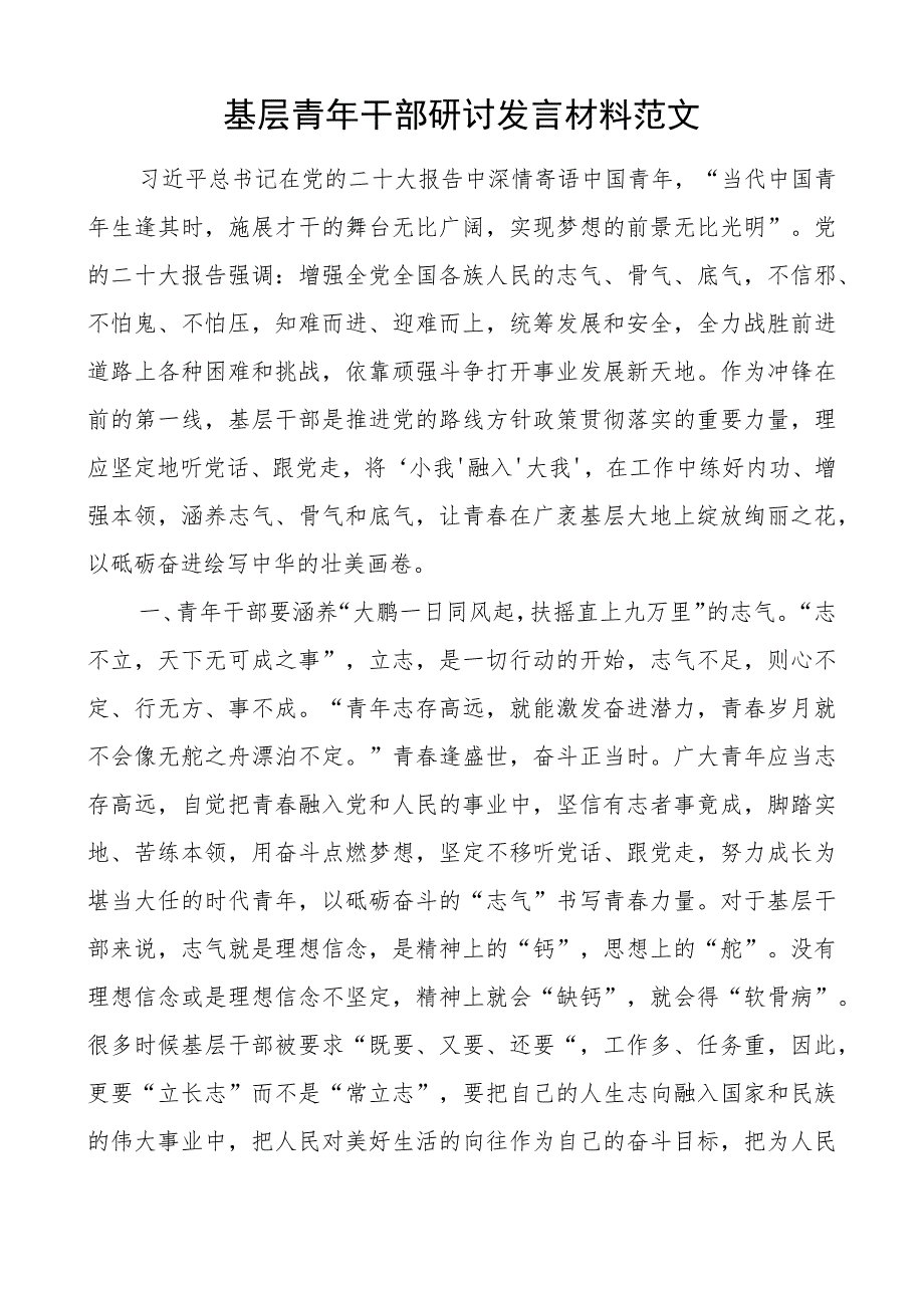 基层青年干部研讨发言材料年轻.docx_第1页