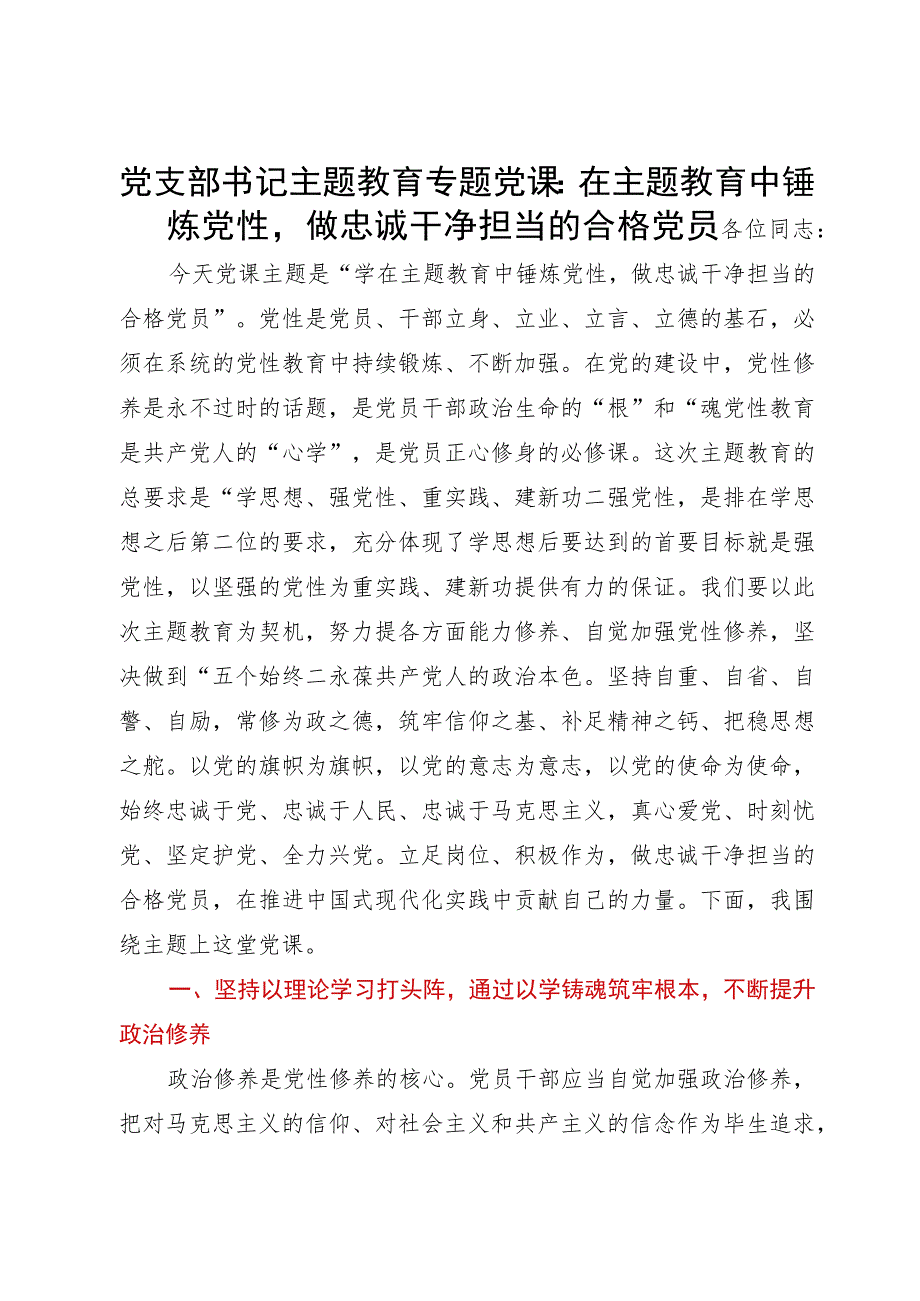 党支部书记主题教育专题党课：在主题教育中锤炼党性做忠诚干净担当的合格党员.docx_第1页